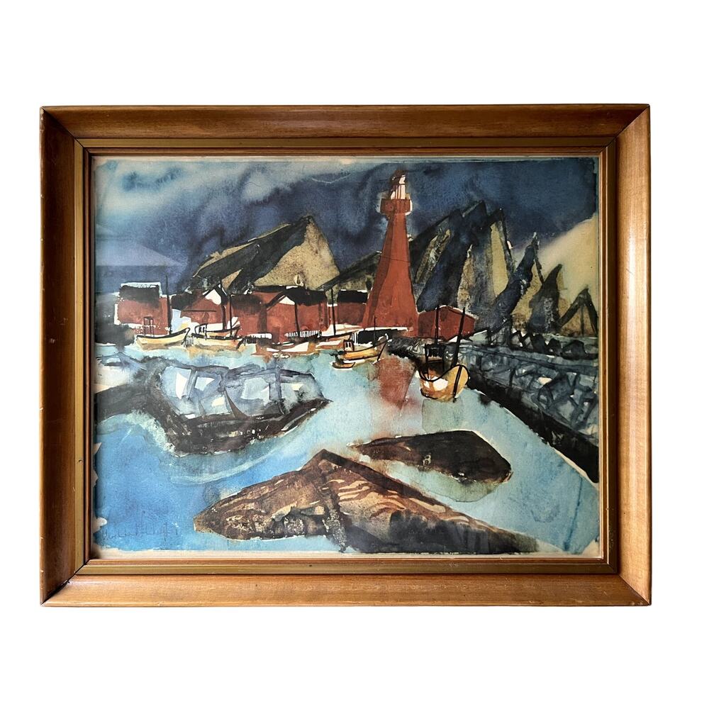 Uwe Wenk Wolff The Red Lighthouse Watercolor Signed Vintage Born 1929